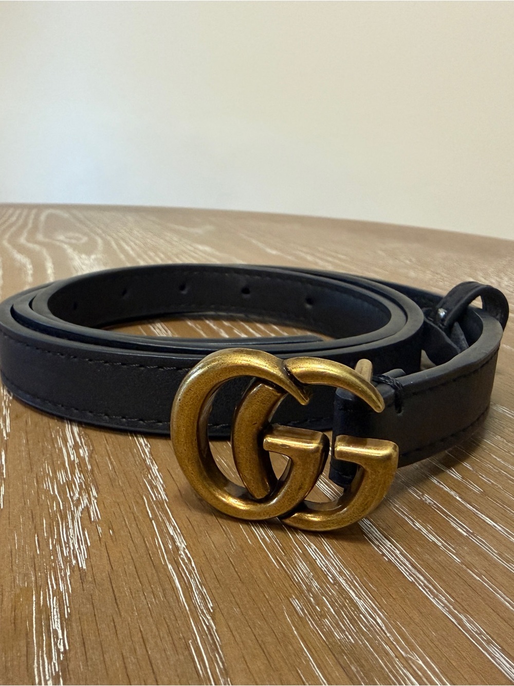 Gucci Black Leather Belt with Antique Gold Double G Buckle